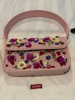 STAUD Tommy Pink Beaded Floral Shoulder Bag